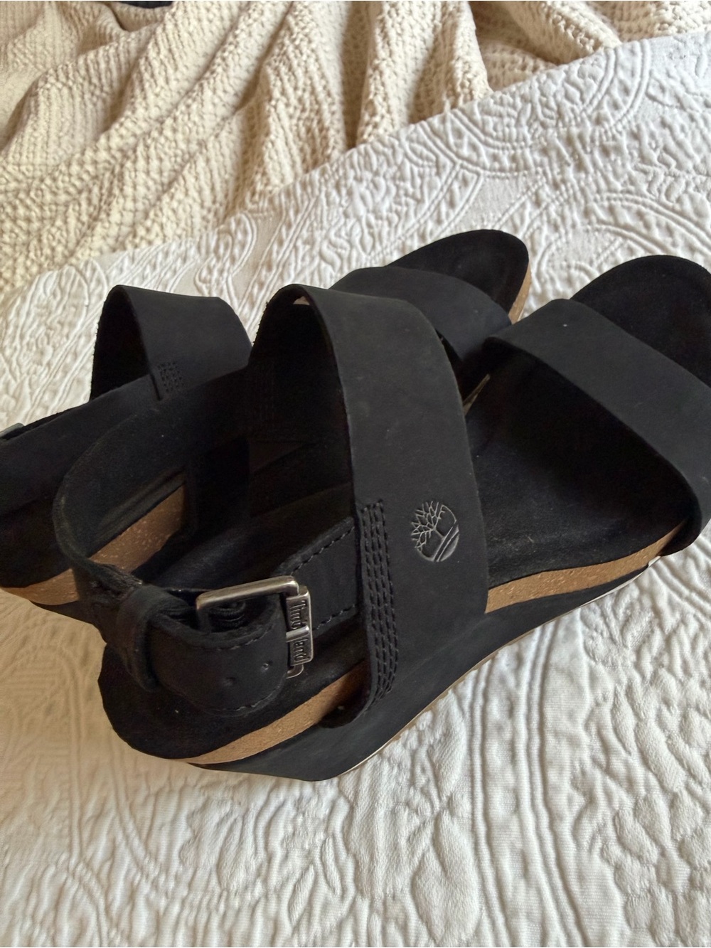 Timberland Black Leather Platform Wedge Sandals